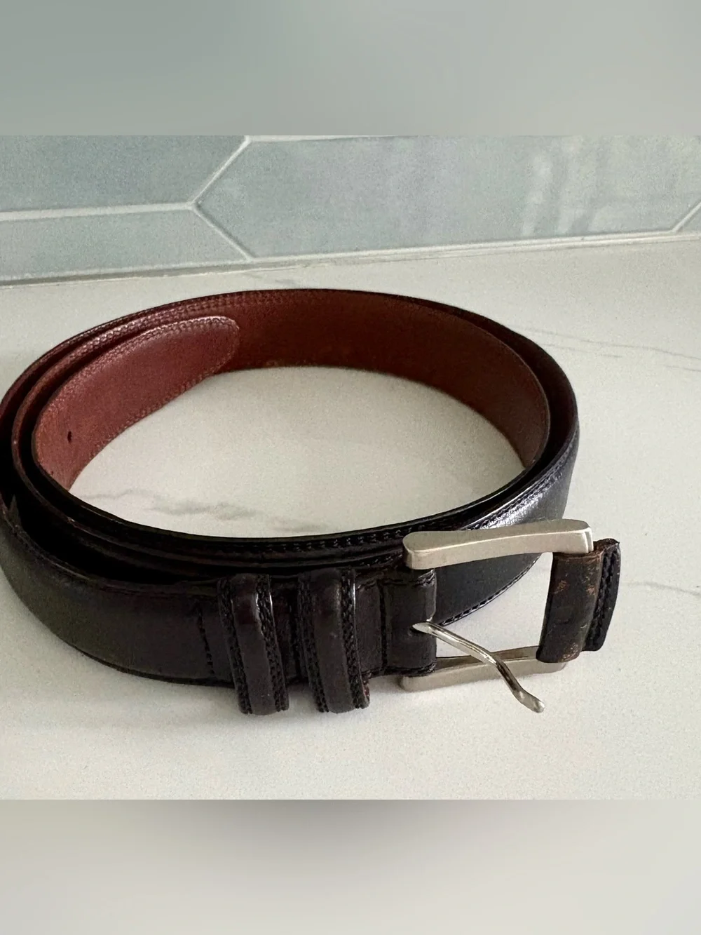 Roundtree & Yorke Mens Black Leather Dress Belt Silver Buckle Size 52 Big & Tall